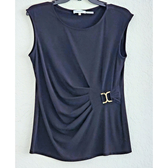 TOP/BLOUSE-CALVIN KLEIN-Black-Sleeveless-Front Gather-Gold Buckle-Size Petite SM - Picture 1 of 11